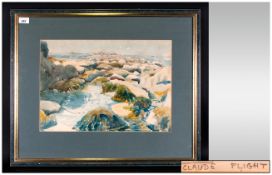 Cluade Flight Watercolour Depicting a Sea-Shore with Rock Pools, SIgned, Framed and Glazed. 28 x