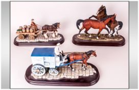 Three Various Leonardo Collection Scenic Figures comprising a dray with barrels and bottles on