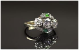Ladies 1920's Fine 18ct White Gold Set 3 Stone Diamond Ring. Framed with Emeralds and Diamonds to