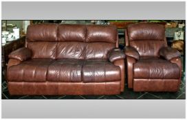 Contemporary Brown Leather Three Piece Sofa and Single Chair.