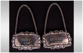 Two Modern Silver Decanter Labels, Marked For Sherry & Port Embossed Gadroon And Shell Border, Fully