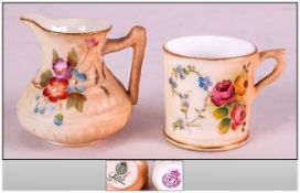 Two Miniature Blush Ivory Decorated Royal Worcester Cabinet Pieces comprising one of a canister mg