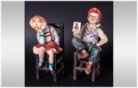 Capodimonte Pair of Figures - Boy and Girl, Sitting on Chairs. c.1980's. Each 6 Inches High.