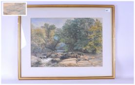 Edward W Robinson Watercolour Of A Stream In A Woodland Setting with an arched bridge in the