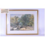 Edward W Robinson Watercolour Of A Stream In A Woodland Setting with an arched bridge in the