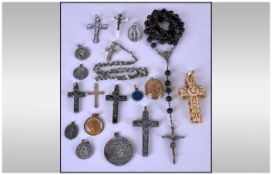 Small Collection of Crucifixes, Crosses and Religious Medallions including a carved ivory style