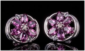 Rhodolite Garnet and White Topaz Earrings, marquise cut rhodolite garnets in single flower shapes