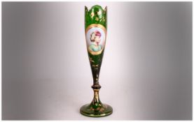 Venetian Green Glass Fluted Shaped Vase with tulip shaped top with floral gilt highlights. The