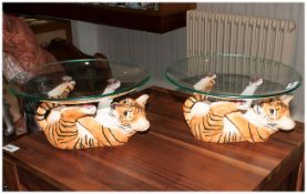 Pair of Tiger Bowls. Tigers lying flat with Glass Bowl on the feet. Resin. Each 6'' High.