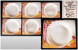 Clarice Cliff Art Deco Hand Painted Set Of Six Bizarritz Shaped Dessert Bowls 'Coral Firs'