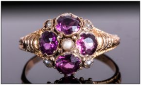 Ladies Victorian 15ct Gold Set Amethyst & Seed Pearl Ring fully hallmarked 625. Birmingham 1874.