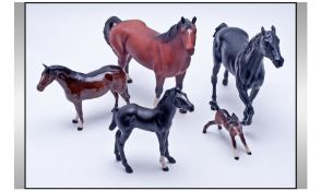 Collection Of Five Beswick Horses. Comprising; 1, brown matte, model number 1182. 2, black matte