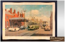 A Coloured Print of Old Blackpool North Station in the 1950's. Titled 'Destination Fleetwood'.