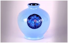 Moorcroft Modern Blue Floral Roundel's Trial Vase. Date 10.1.14. Stands 4.25 Inches High.