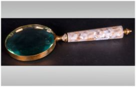 Large Mother Of Pearl Handled Magnifying Glass, Gilt Mounts