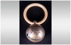 Childs Bone Teething Ring With Attached White Metal Bell, Late 19th Early 20thC