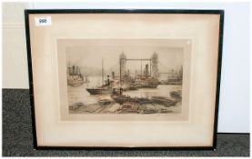 Coloured Etching of Tower Bridge London, with cargo boats in the foreground, busy river scene.