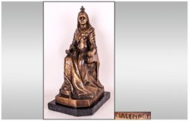 A Late 20th Century Bronze Figure of Queen Victoria Raised on a Marble Plinth. Height 13 Inches.