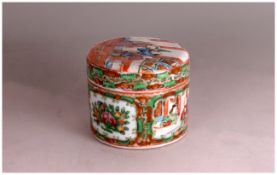 Canton Lidded Round Trinket Box decorated in the Famille Rose palette with courtly figures in an