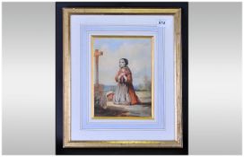 French Religious study.  Lady by a cross water colour exhibition label vase.  9 x 7 inches (image)