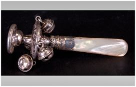 Mother Of Pearl Handled Babys Silver Rattle Mounted With 4 Bells, Embossed Body, Hallmarked For