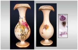 Royal Worcester Unusual Shaped Hand Painted Blush Ivory Vase, with Ricticulated Rim. Date 1909.