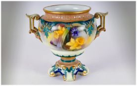 Hadleys Worcester Two Handled Hand Painted Floral Vase. c.1880's. Unsigned. Height 5 Inches. Over