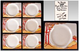 Clarice Cliff Art Deco Hand Painted Set Of Six Bizarritz Shaped Small Plates 'Coral Firs' Pattern.