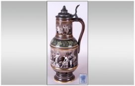 German Pewter Lidded Porcelain Decorated Stein with a mark to the base. Crowned by C.T and Eagle.