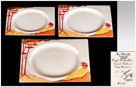 Clarice Cliff Art Deco Hand Painted Trio Of Bizarritz Graduating Platters, 'Coral Firs' pattern.