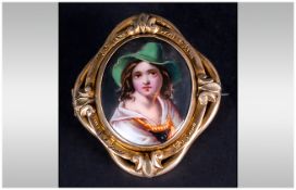 19thC Swivel Brooch The Front With Painted Porcelain Plaque Glazed Compartment To Reverse, Mounted