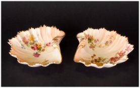 Royal Worcester Fine Pair Of Blush Ivory Shell Dishes.  Spring Flowers Date 1902.