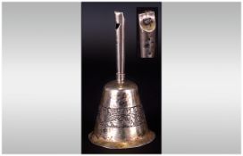 White Metal Table Bell The Handle Modelled As A Working Whistle, Engraved Floral Design To The Base,