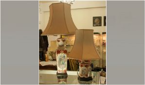 Two Decorative Table Lamps ceramic bases with peacock & floral design. Both with cream shades28 &