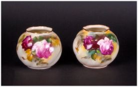 Royal Worcester Handpainted Pair of small Vases. ''Roses'' Signed F.R Spilsbury. Date 1925. 2.75''