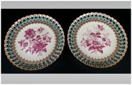 Two Victorian Cabinet Plates, Reticulated border with central floral decoration. Gilt edge with blue