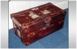 Large Vintage Leather Travelling Trunk, With Side Carrying Handles, WIth Original Voyage. Tickets