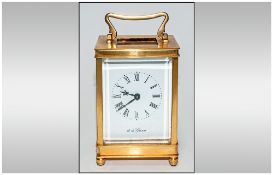 English Good Quality 8 Day Brass Carriage Clock with visible escapement. White porcelain dial. Key