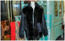 Black Mink Gillet Style Jacket, with leather sleeves & Epaulettes. Fully Lined. Approximate Size 12