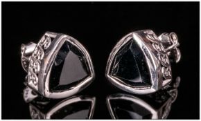 Black Spinel Trillion Cut Stud Earrings, each earring with 4cts of the glossy black gem, spinel,