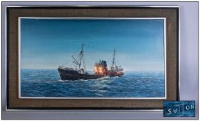 Keith Sutton (1924-1991) Oil On Board. ''Fleetwood Trawler Off The Coast'' Size 16 x 30 inches.