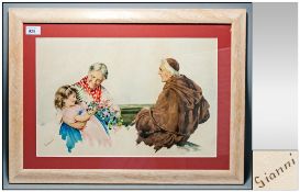 GIANNI 19thC Italian Framed Watercolour Of Typical Style Portrait Figures, Little Girl & Grandparent