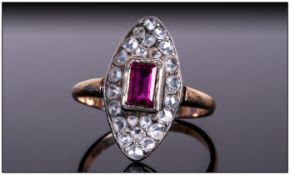 Early 19th Century Ruby & Diamond Cluster Ring Marquise Shaped. Marked 18ct. Ruby of good colour.