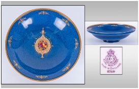 Royal Worcester Mottled Blue Shallow Footed Bowl, central roundel of apples and blackberries, signed