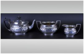 Three Piece Silver Tea Service, Embossed Art Nouveau Design, Engraved Cartouche ''Presented To R U