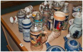 Collection of 9  German Stein Tankards including  Mettlach, pewter and glazed ceramic. Various