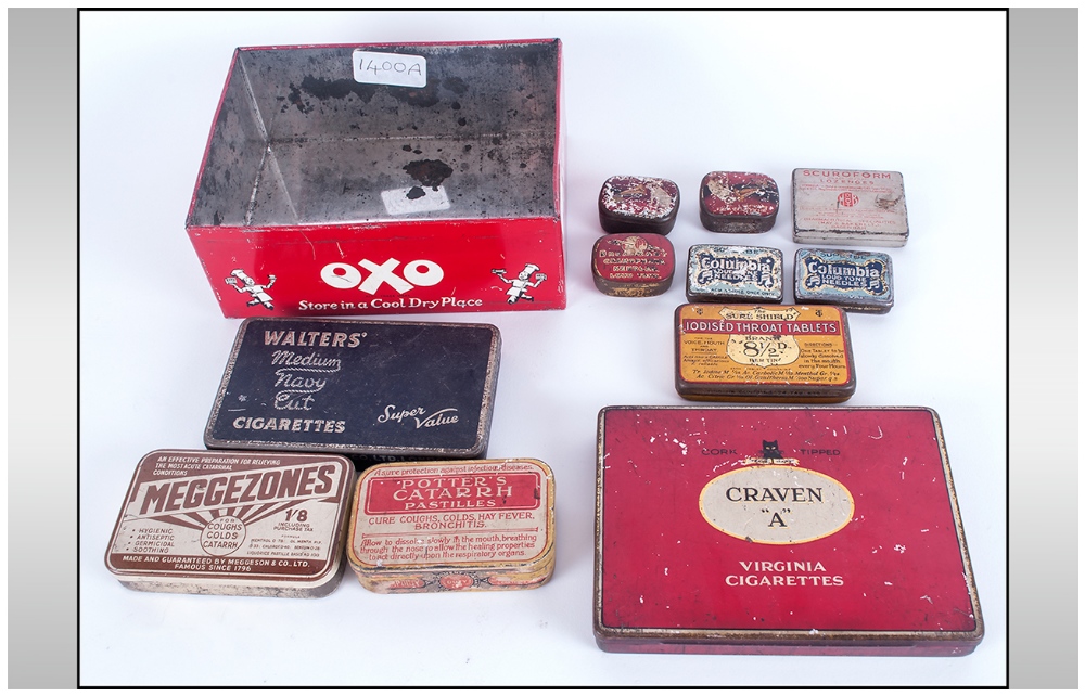 Collection of Vintage Product Tins including Oxo, Bulwark Cut Plug, Redbreast Flake, various medical