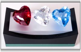 Swarovski Fine Cut Crystal And Faceted Large 1996, 1997 & 1998 Renewal Hearts in colours of ruby,