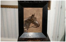 German WMF Type Electroplated Metal Plaque depicting a horses head in deep relief. In contemporary