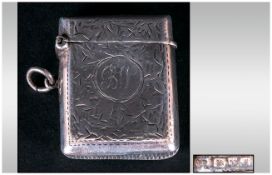 Edwardian Silver Vesta Case with engraved decoration. Hallmark Chester 1912, 2'' in height.